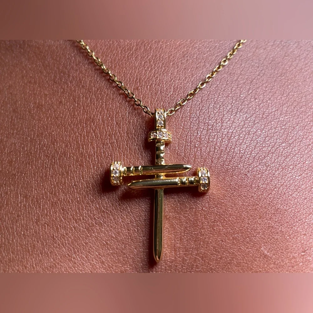 Gold-Plated Nailed Cross Pendant Necklace